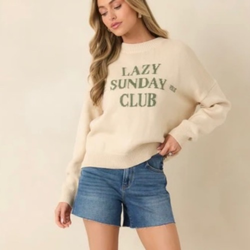Sunday Edition Lazy Sunday Club Graphic Knit Sweater Cream Green‎ Medium